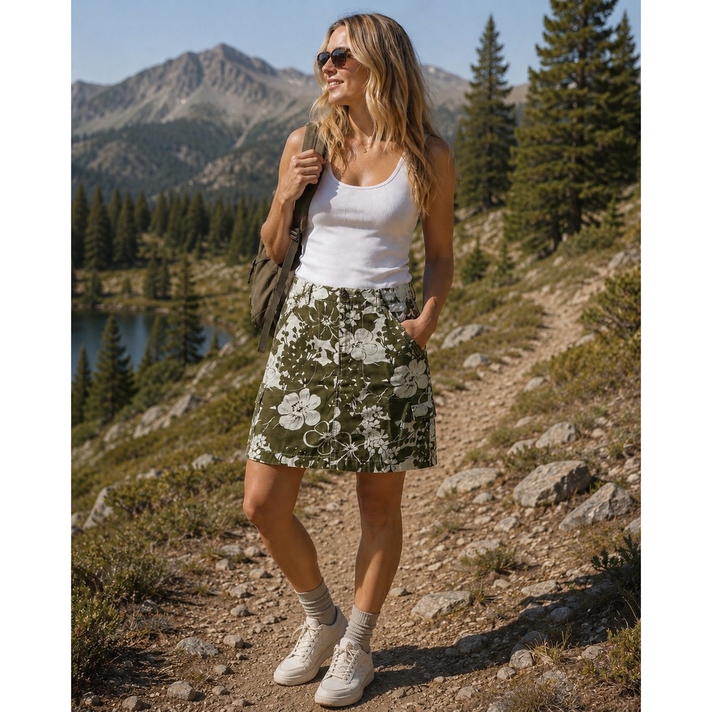 Eddie Bauer Petite 2 Floral Utility Cargo Skirt Olive Green Cotton Mini Tropical